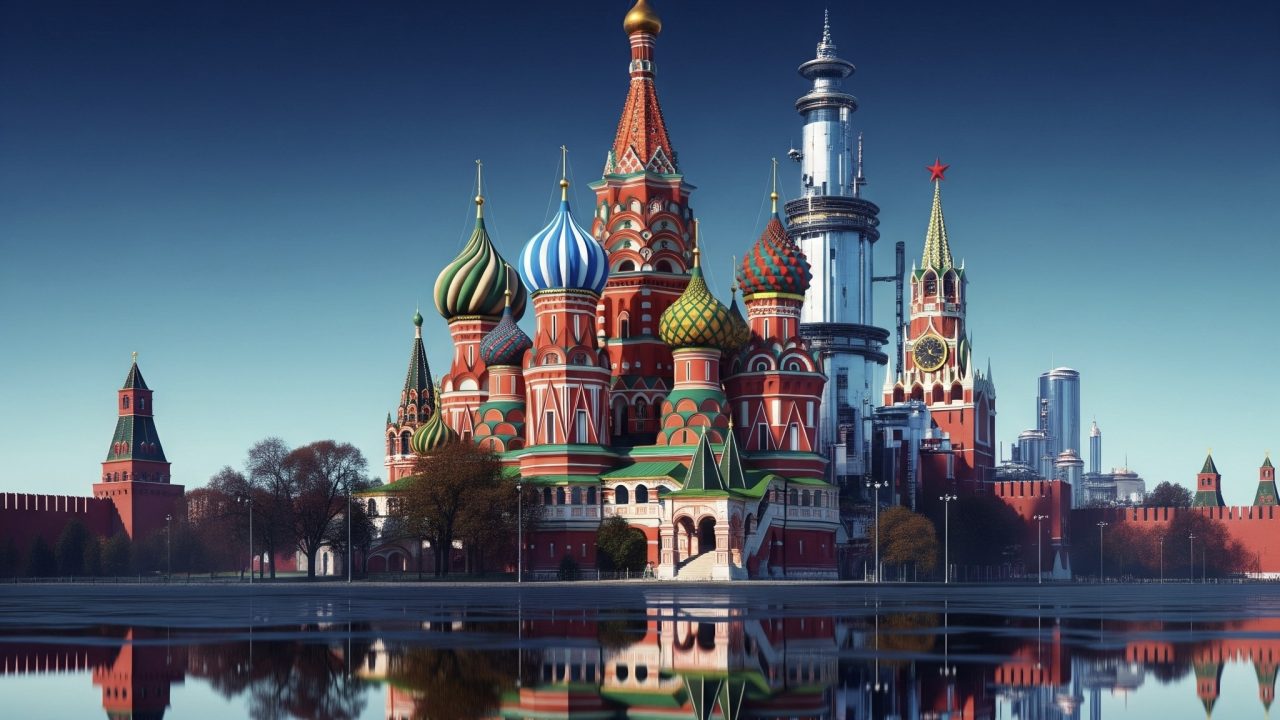 Russian buildings with reflection on water